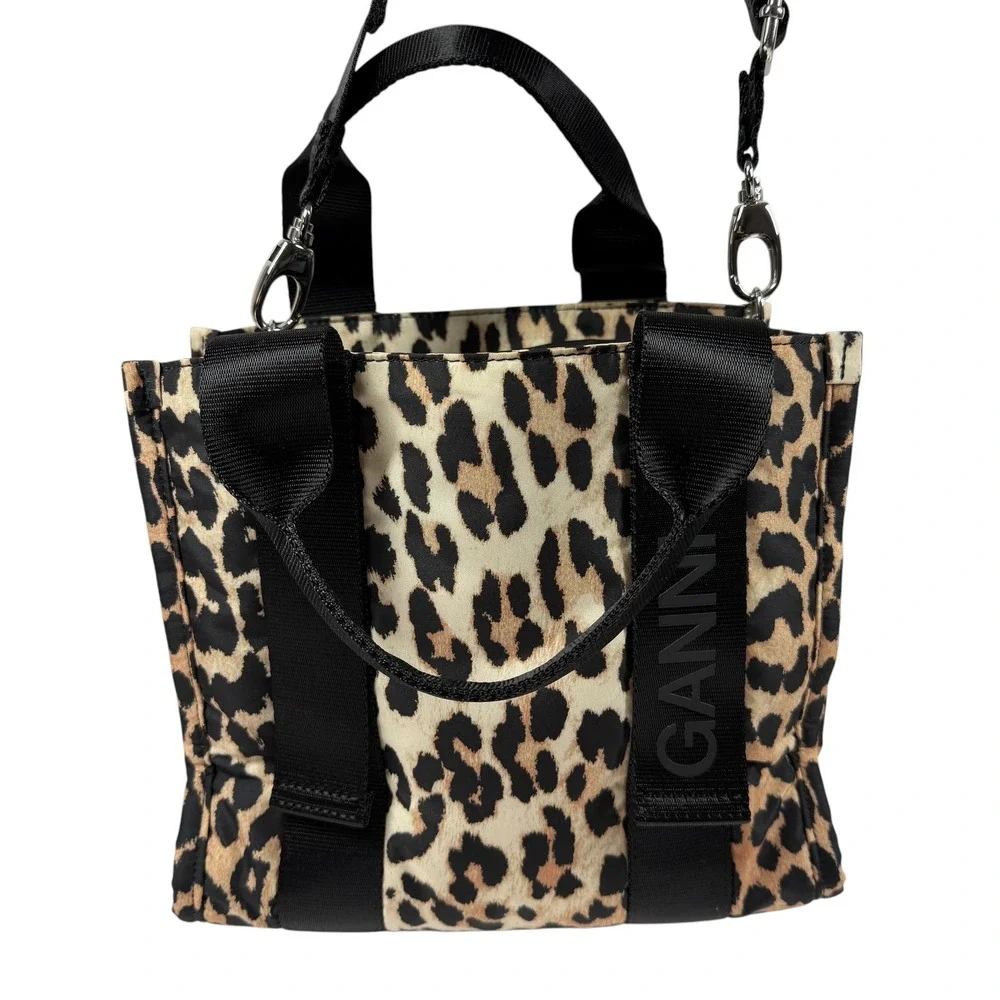 Ganni Leopard Print Tech Tote Bag Recycled Polyester Crossbody Handbag Black Tan